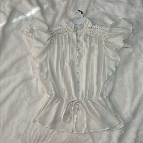 New York & Company Cream Lace-Yoke Ruffle Blouse - Picture 4 of 5